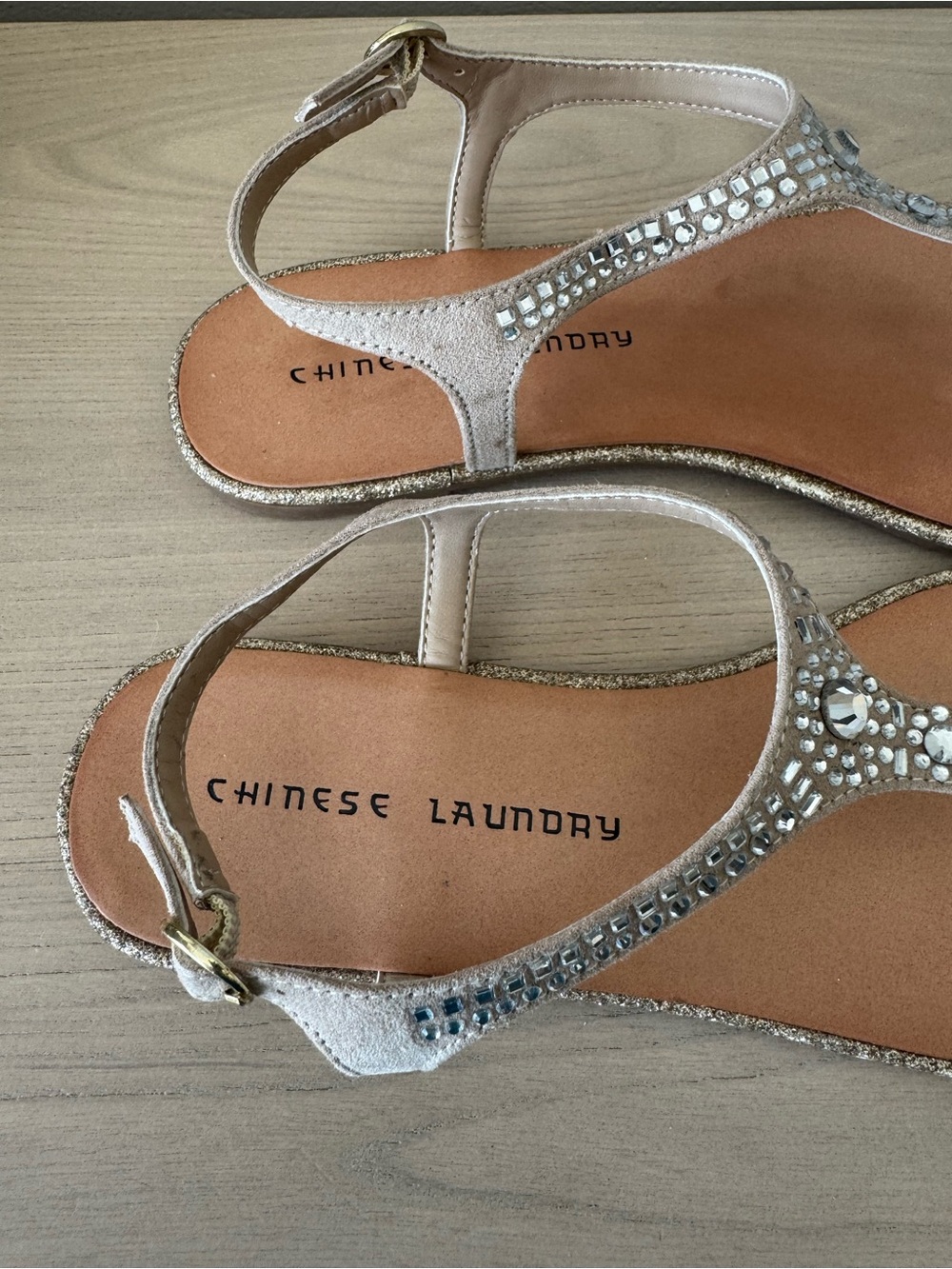 Embellished Nude T-Strap Sandals - Picture 5 of 9